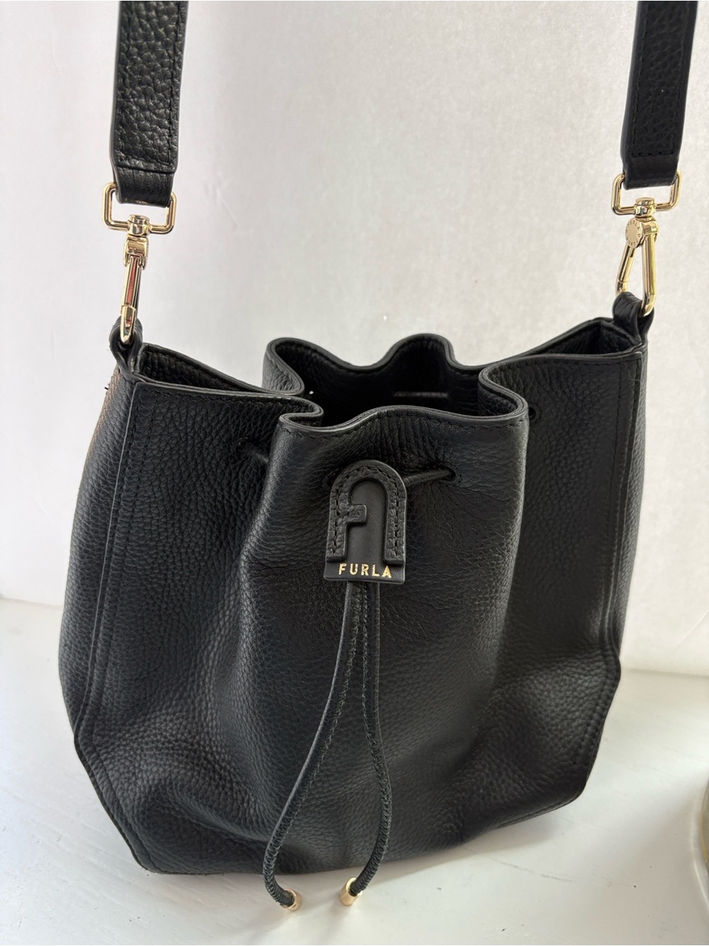 Furla Atena Black Leather Bucket Bag with Crossbody/ Shoulder Strap